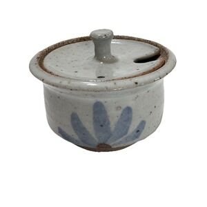 Studio Pottery Honey Pot Jam Jar Sugar Dish with Flower Print Signed Dated